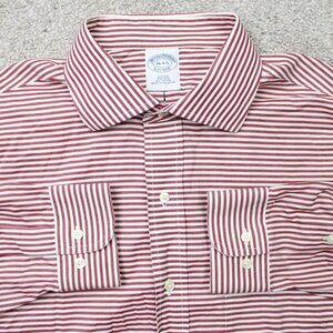 Brooks Brothers Shirt Men 16, 4/5 Red/White Striped Slim Fit Non-Iron Cotton L/S